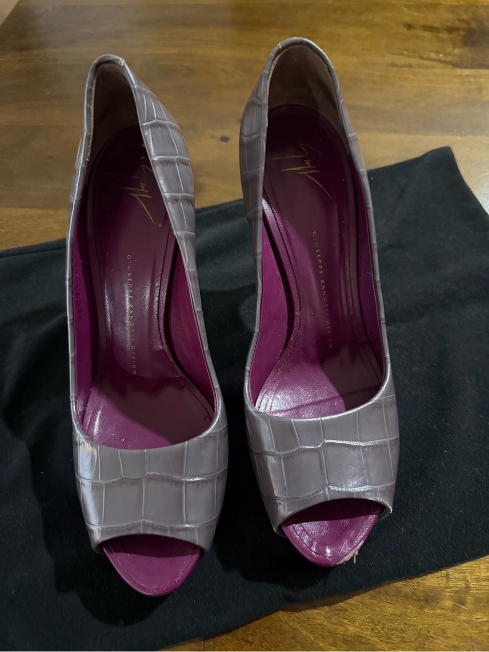 Giuseppe Zanotti Taupe Croc Peep-Toe Pumps with Berry Insole